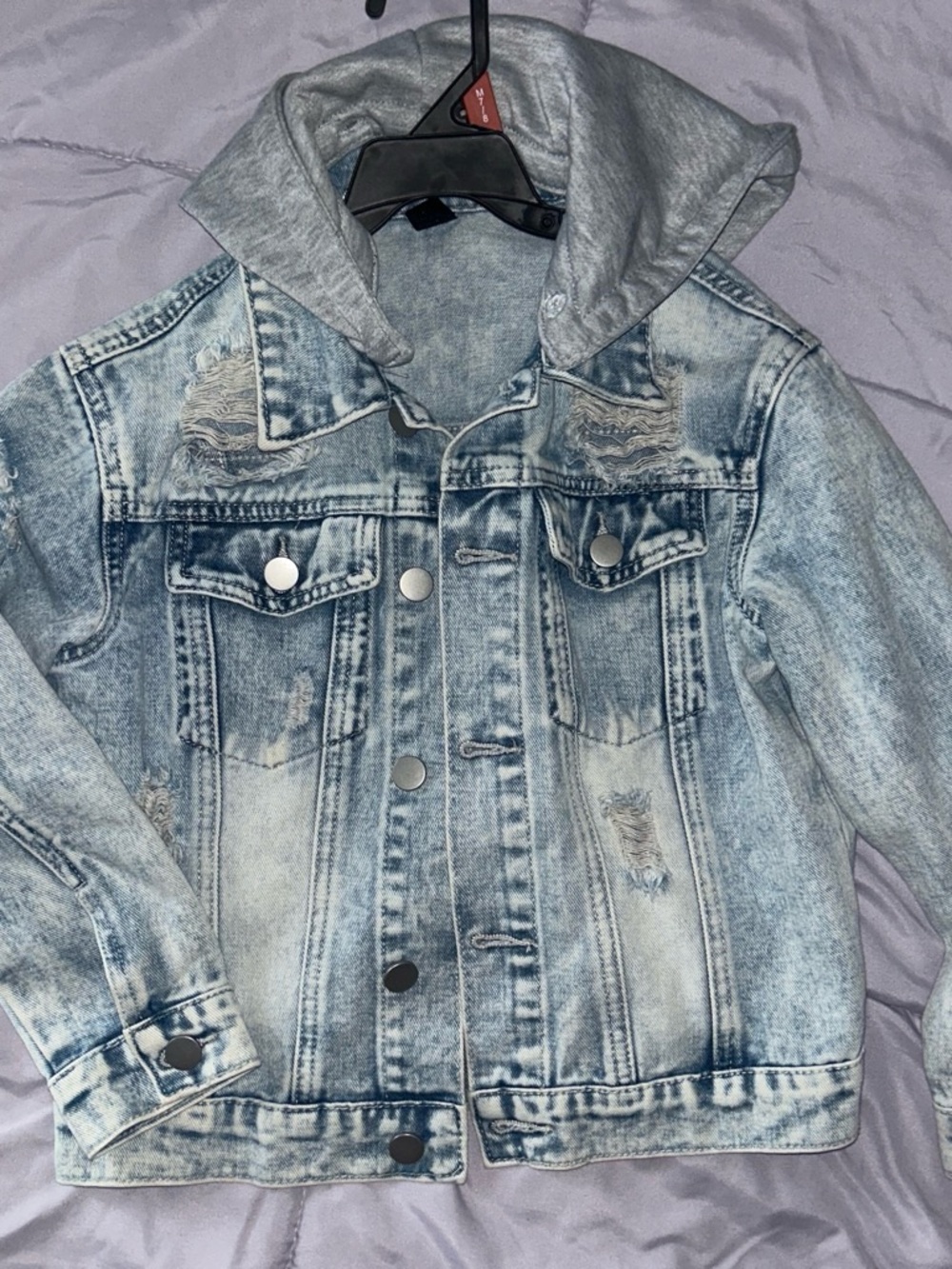 Kids Light Wash Denim Jacket with Grey Hood